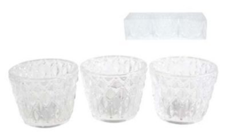 Faceted Glass Tea Light Holders Gisela Graham. This set of 3 Faceted glass t-light holders come packed in a clear acetate box. Would be great as part of the decorations for Wedding Table Centres. Each Candle holder size 6x7cm.